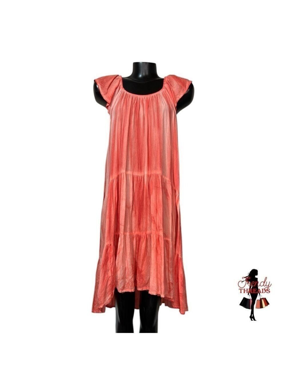 Raviya NEW Coral DipDye Tiered Midi Dress Small Lightweight Ruffle Summer Orange